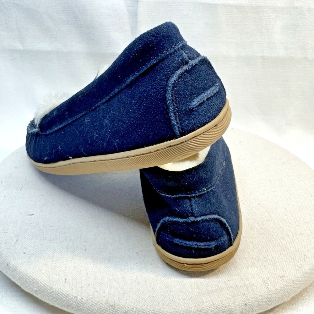 J.Crew Moccasin Slippers Men 10 Navy Blue Suede Faux Fur Lined BL639 Preppy Cozy - Picture 3 of 8